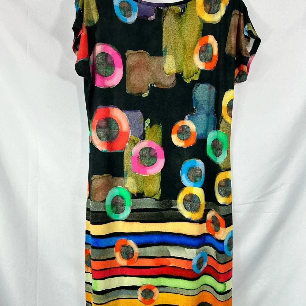 Tola Women's Abstract Design Dress 44 Midi Short Sleeve Art To Wear Bold Maximal